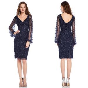 Theia Beaded Navy Embellished Lantern Sleeve Sheath Dress Size XS